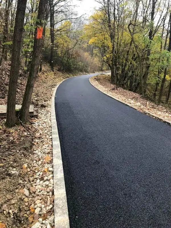 Elkészült, szegélykővel határolt erdei út aszfaltburkolata ősszel